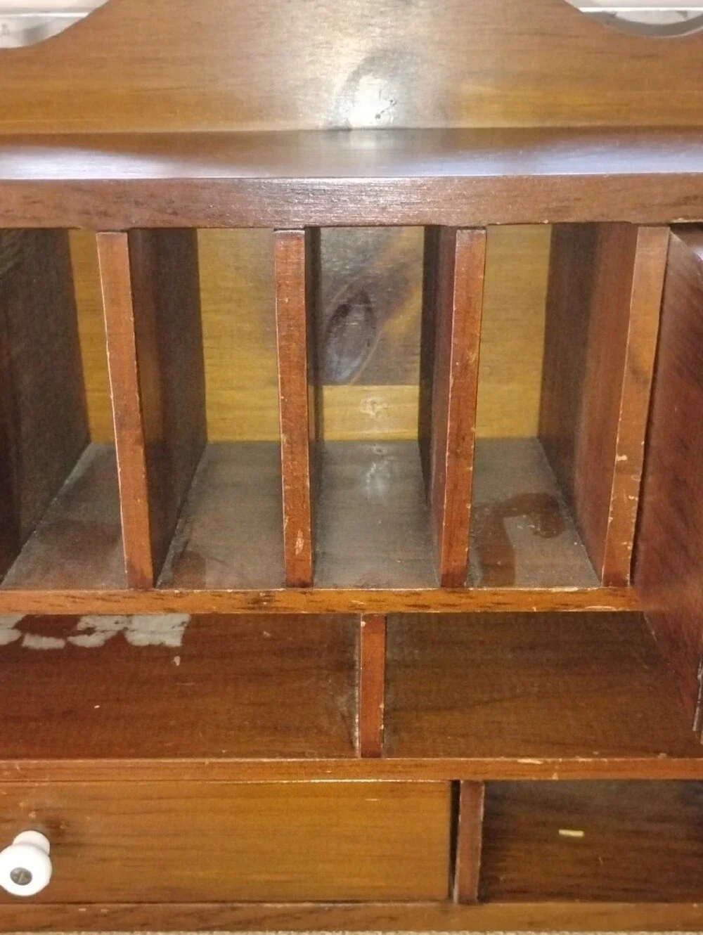Vintage MCM Wooden Wall Mail CABINET with Drawers - RICH BROWN WOOD 19.5  X 12